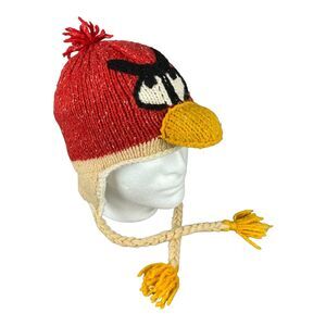 Angry Birds Beanie Crochet Hand made Wool blend Hat Cap Red Yellow Tassels